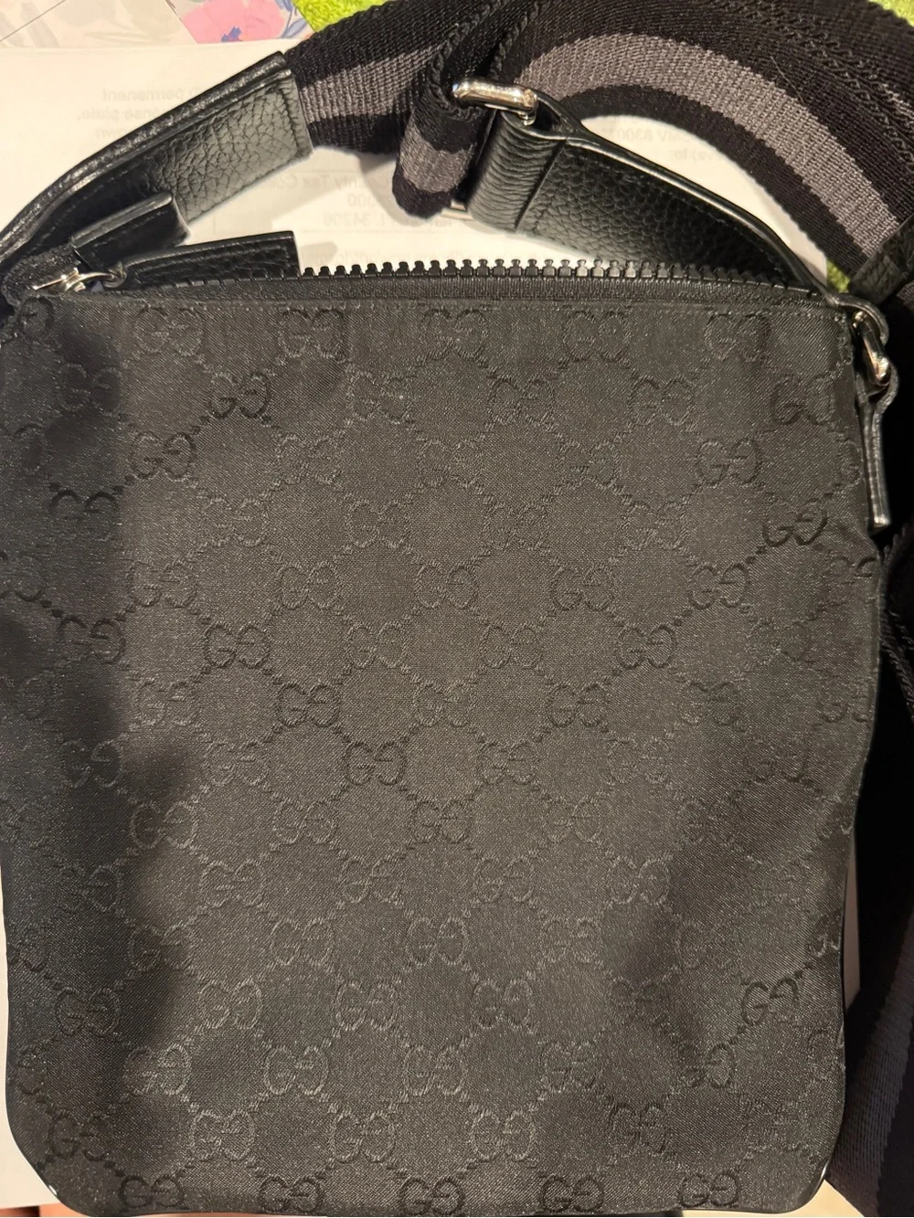 Authentic Gucci Black GG Monogram Messenger Bag with Striped Strap